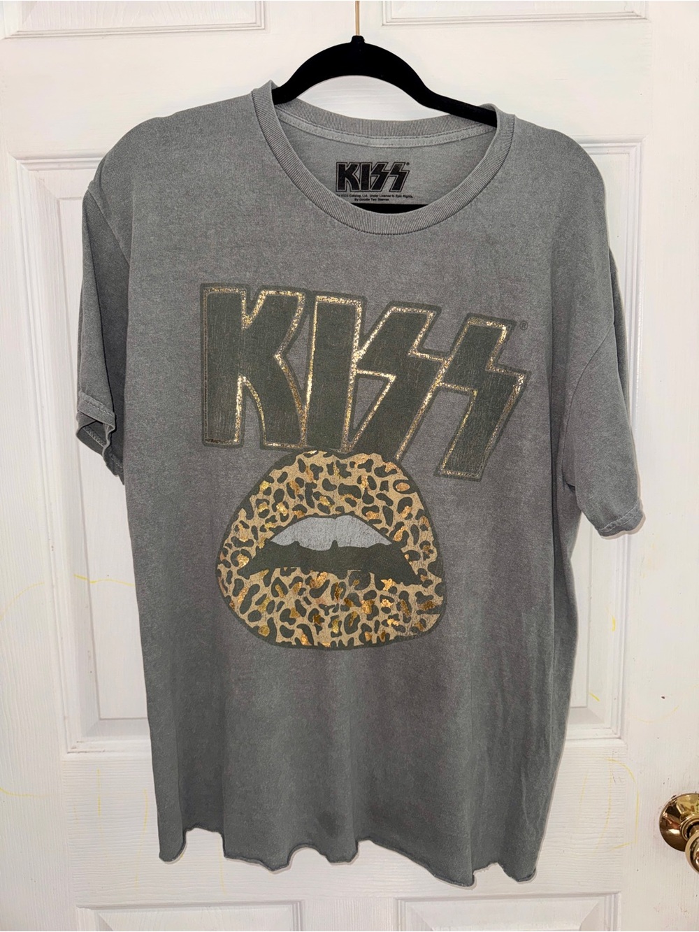 Kiss Graphic Gray Tee with Metallic Logo and Leopard Lips